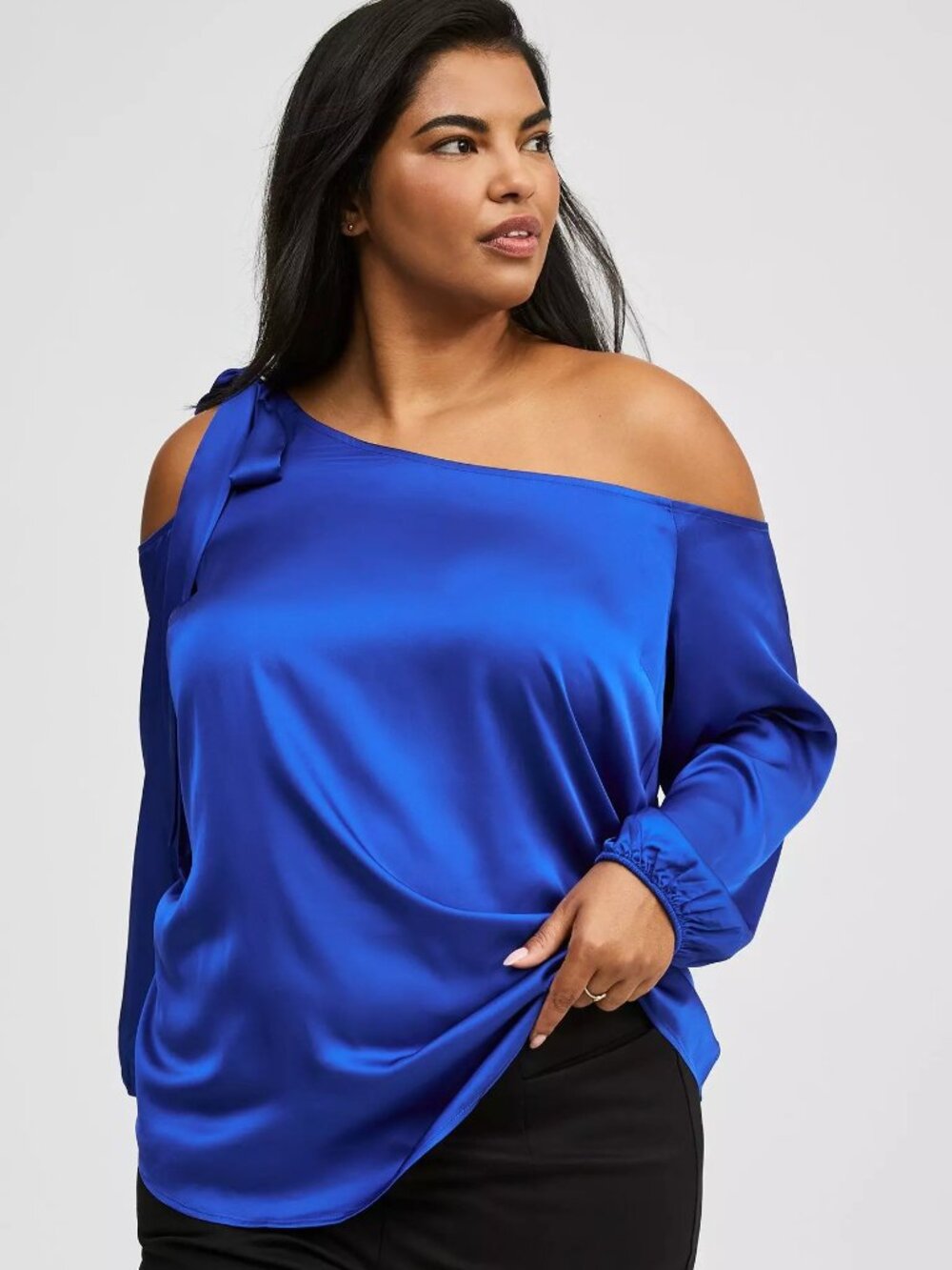 NWT - Torrid Size 4 Satin Tie Front Off Shoulder Long Sleeve Blouse - Royal Blue